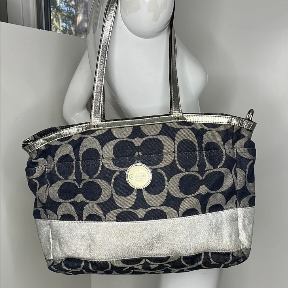 Coach XL Denim Blue and Silver Leather Zip Top Diaper Tote Travel Bag